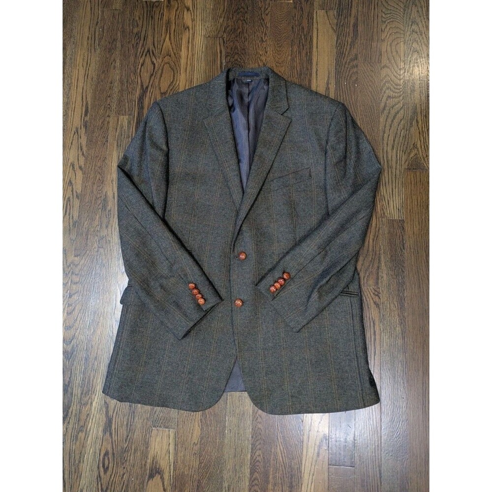Jos A Bank Wool Sport Coat Size 44R Green Brown Plaid Tweed Two Button Blazer